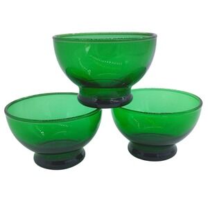 Vintage Emerald Green Glass Footed Dessert Bowls Set of 3 Forest Green Dishes